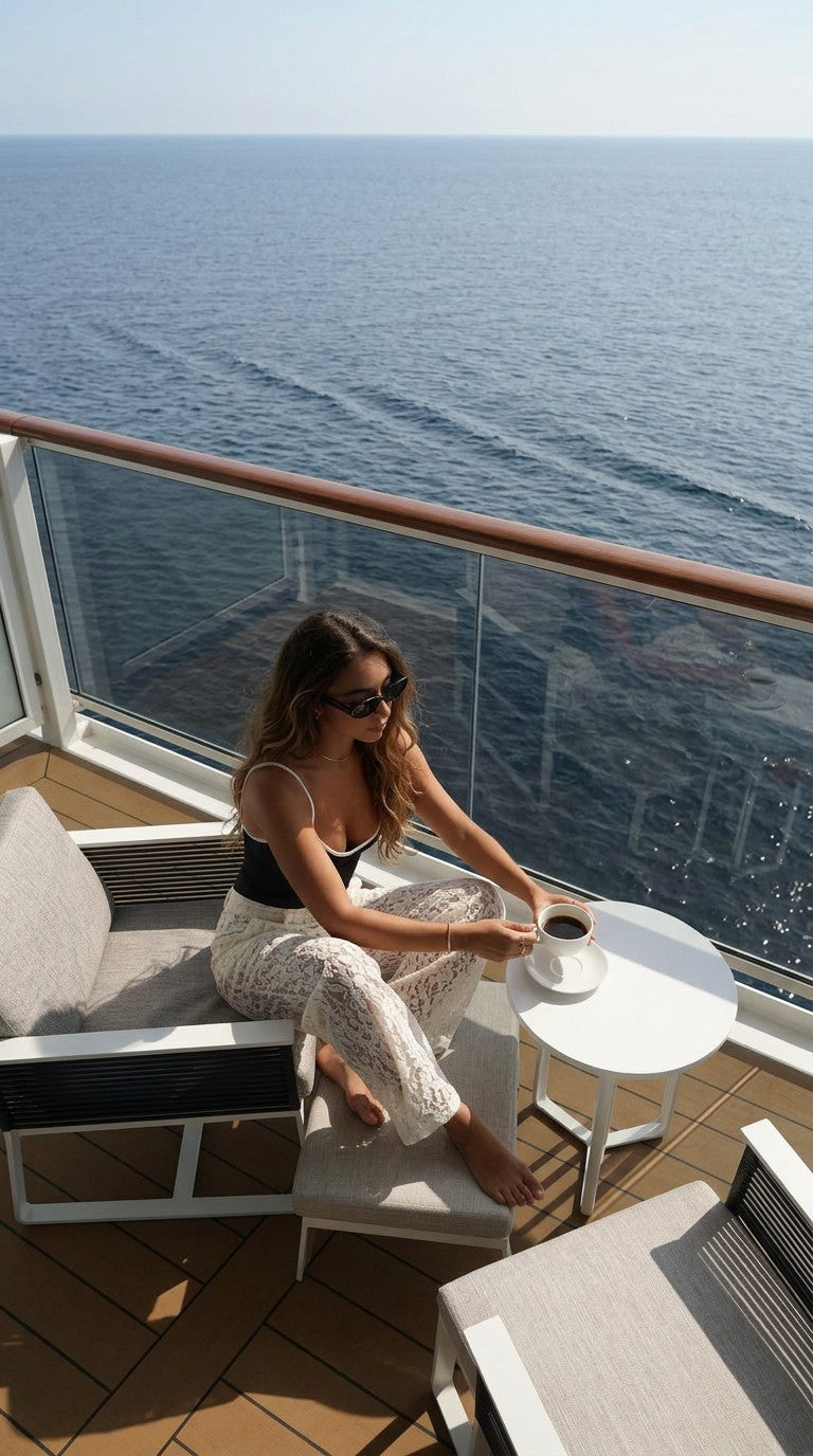 Jeany Pants in cream lace, seated on a balcony