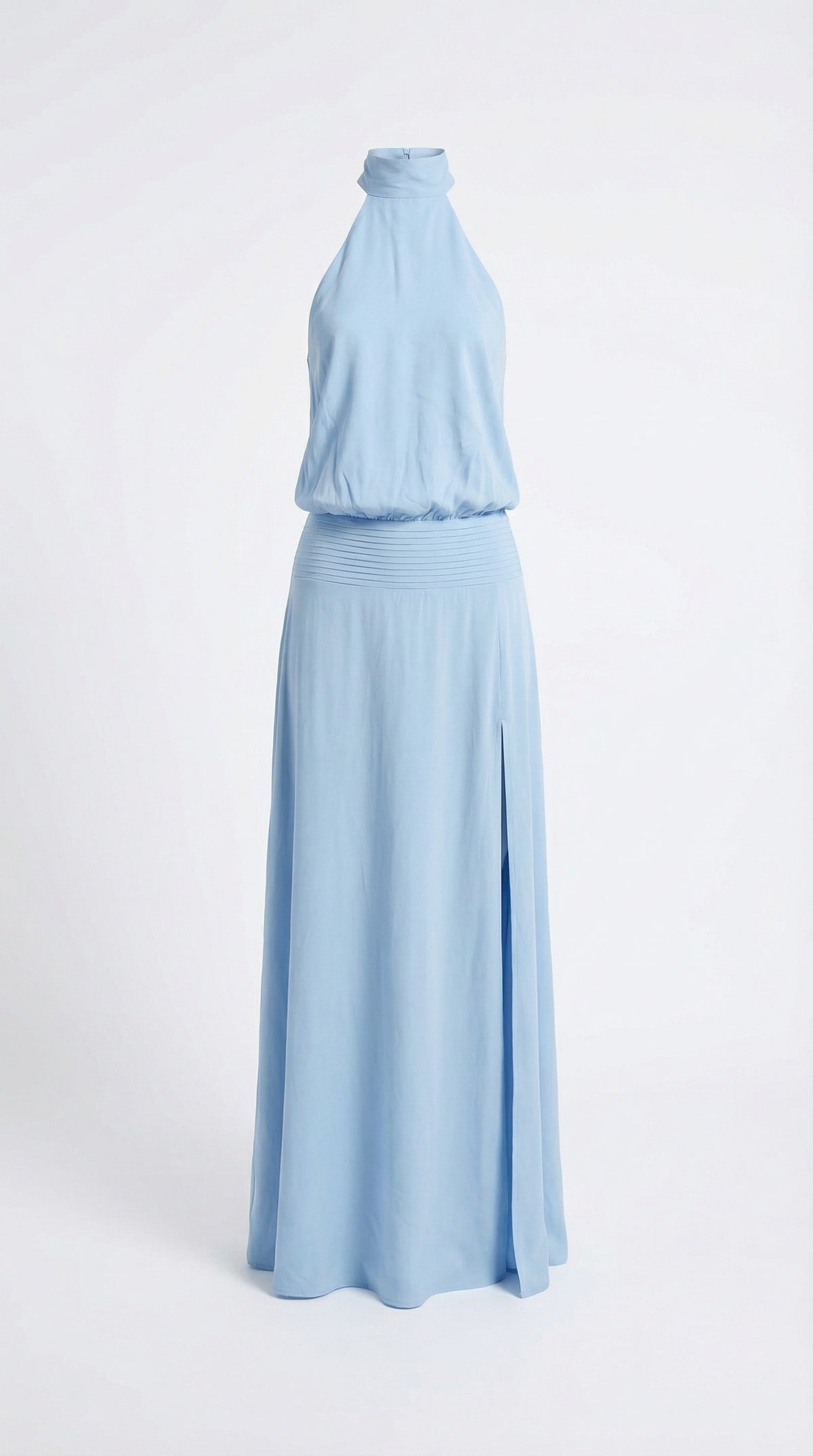 Powder-blue halter maxi dress on a light studio background, front view
