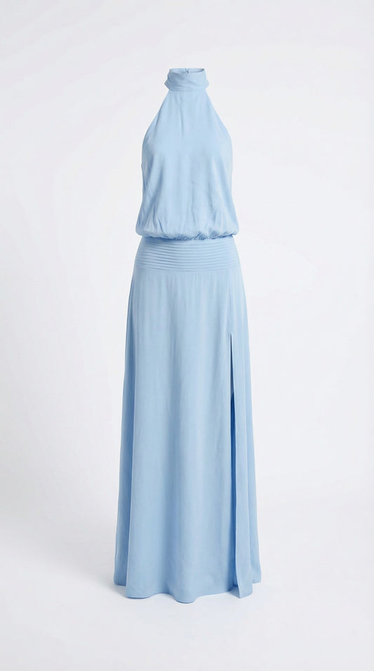 Powder-blue halter maxi dress on a light studio background, front view