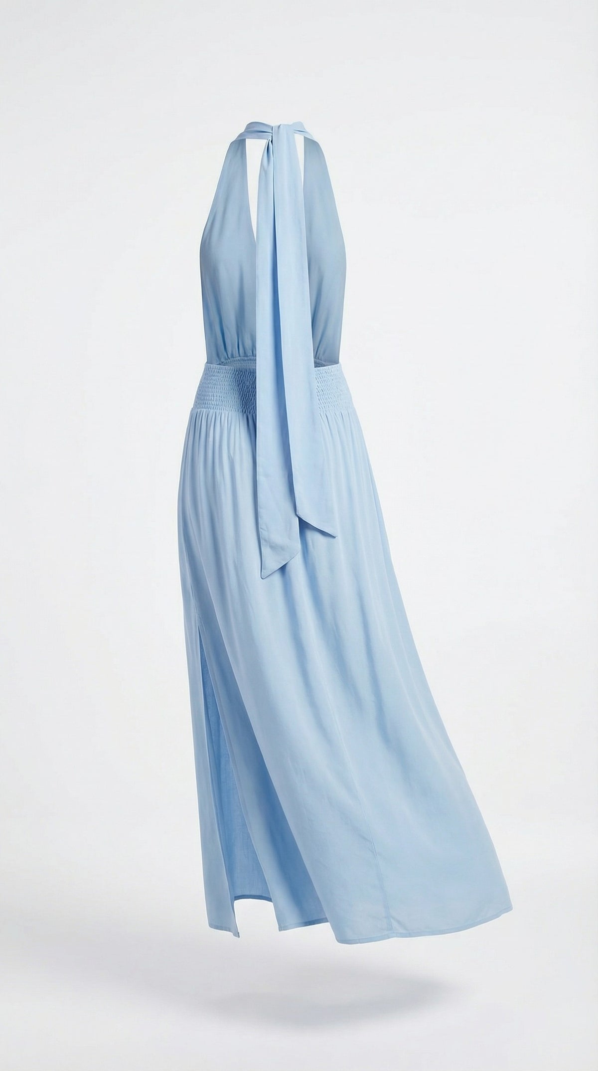 Anna Dress on white, three-quarter view with the slit visible