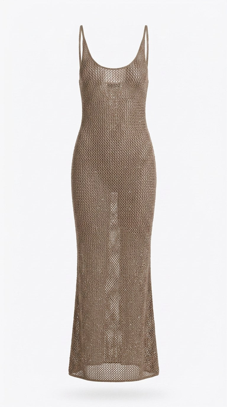Ariana dress in coffee crochet mesh, front view on white background