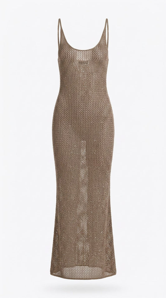 Ariana dress in coffee crochet mesh, front view on white background