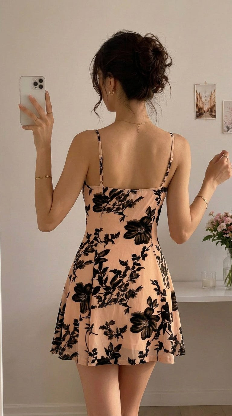 Kira Mesh beige floral mini dress, back view, model taking a mirror selfie