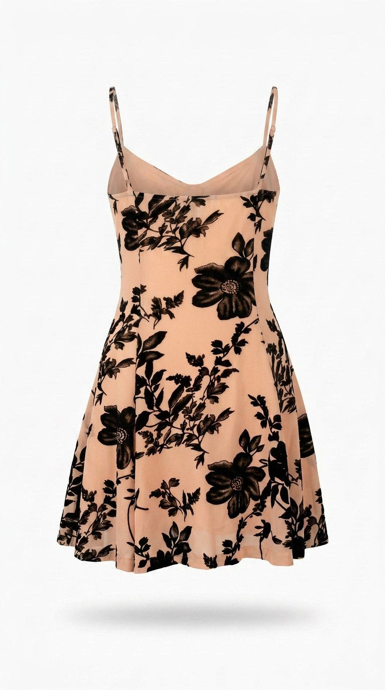 Kira Mesh mini dress in beige with black flowers, thin straps and V bustier neckline, front on white background