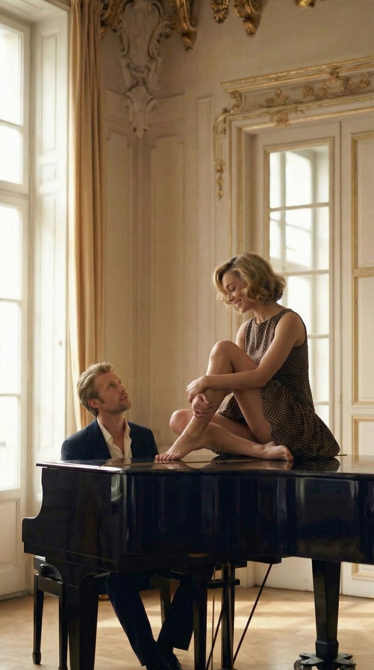 Florence Mini Dress, seated on a grand piano