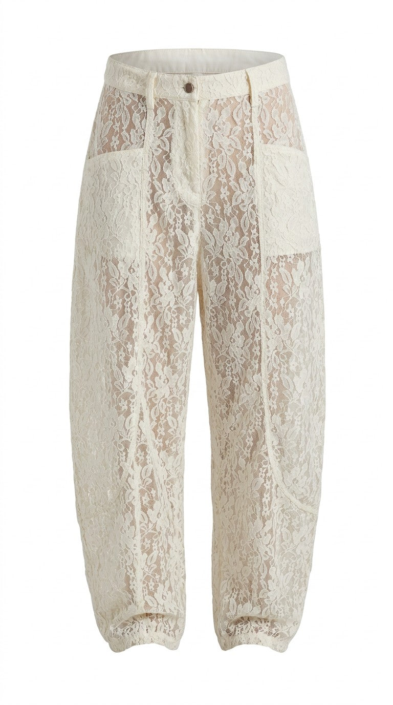 Cream lace pants with patch pockets and button fly, front, on white background