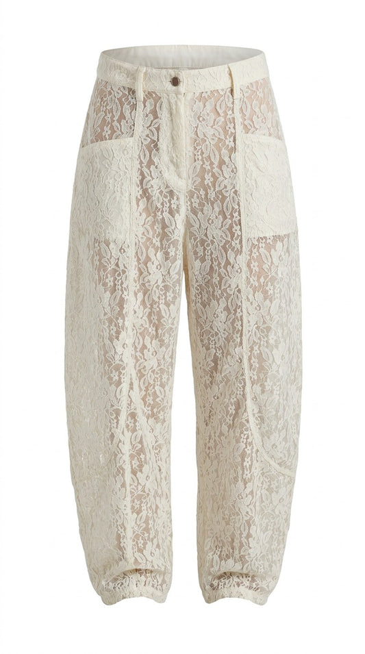 Cream lace pants with patch pockets and button fly, front, on white background
