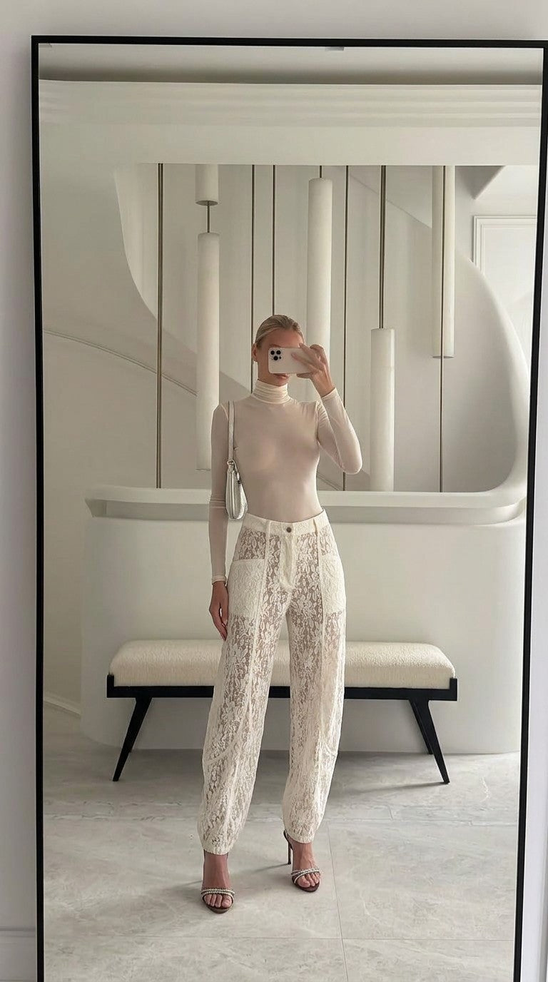 Jeany Pants in cream lace, front view
