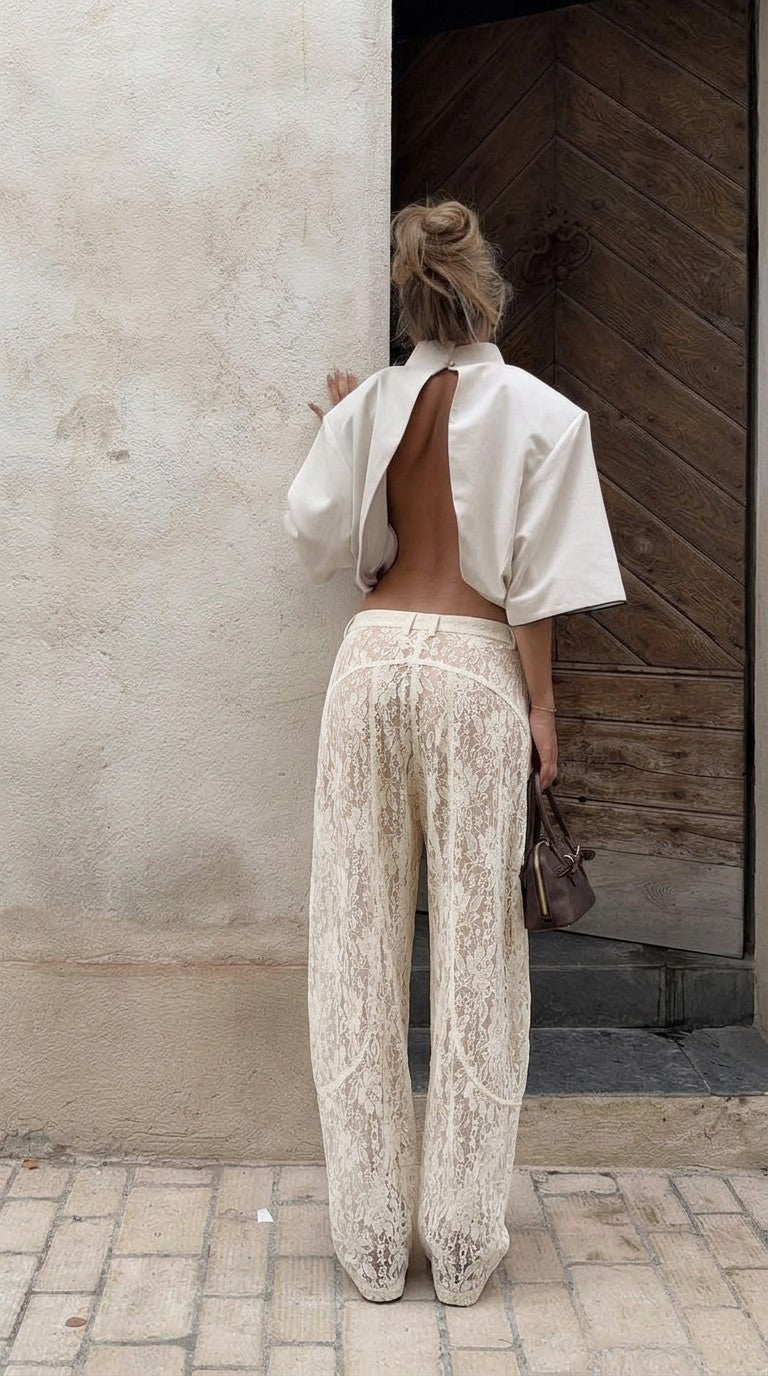 Jeany Pants in cream lace, back view with curved yoke seam