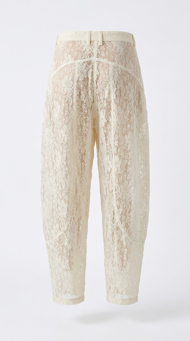 Back of the cream lace Jeany Pants on a light background