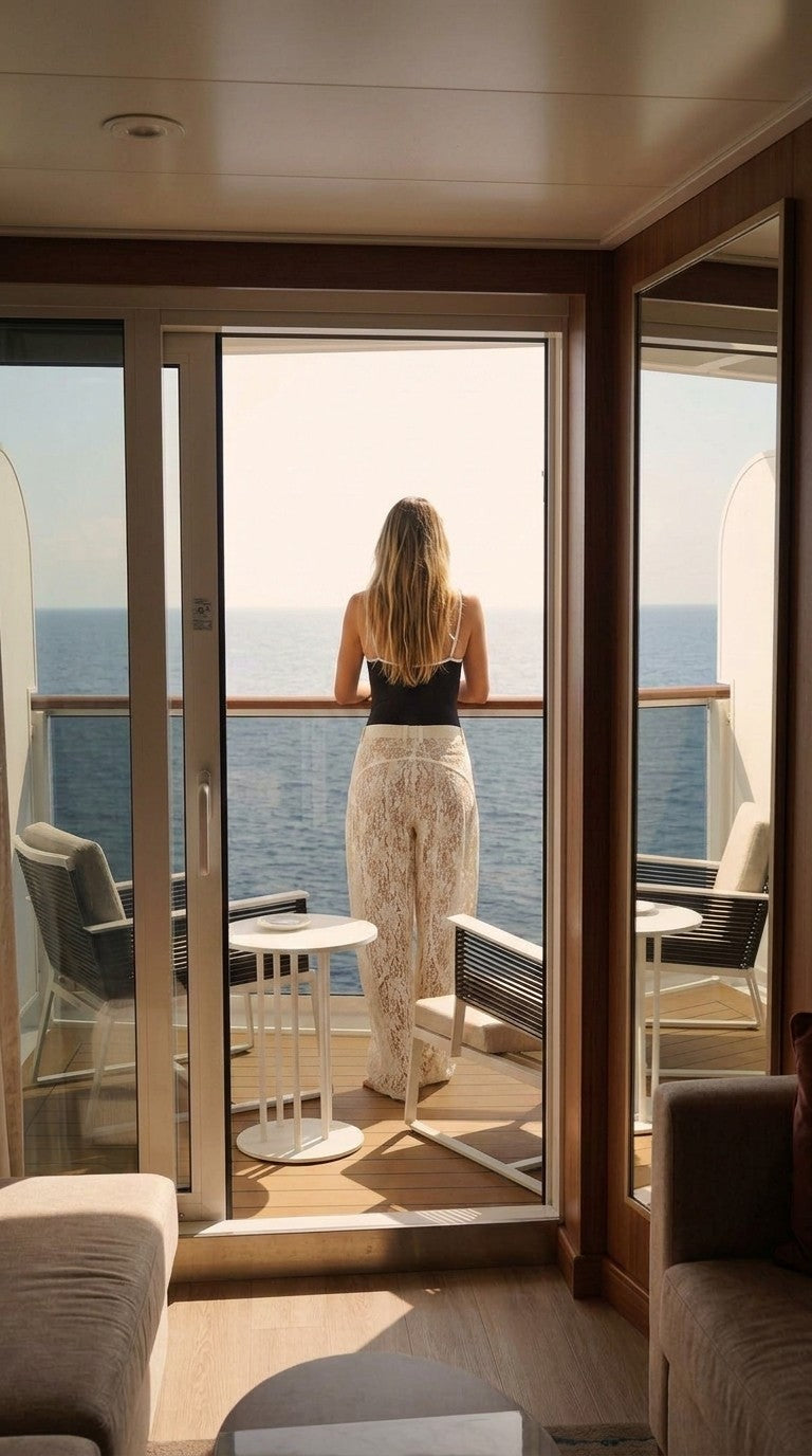 Jeany Pants in cream lace seen from behind on a balcony