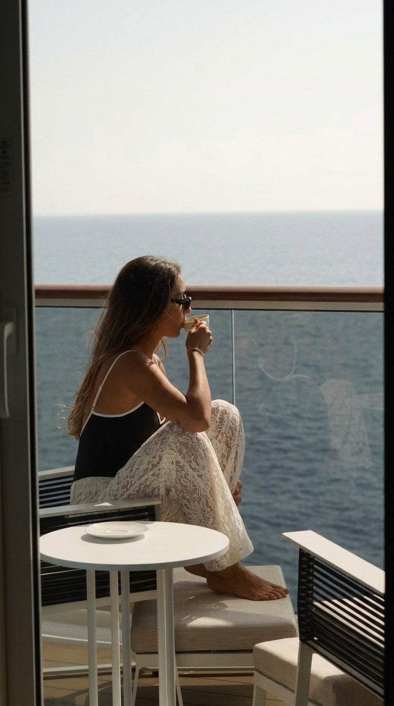Jeany Pants in cream lace, seated side view by the sea