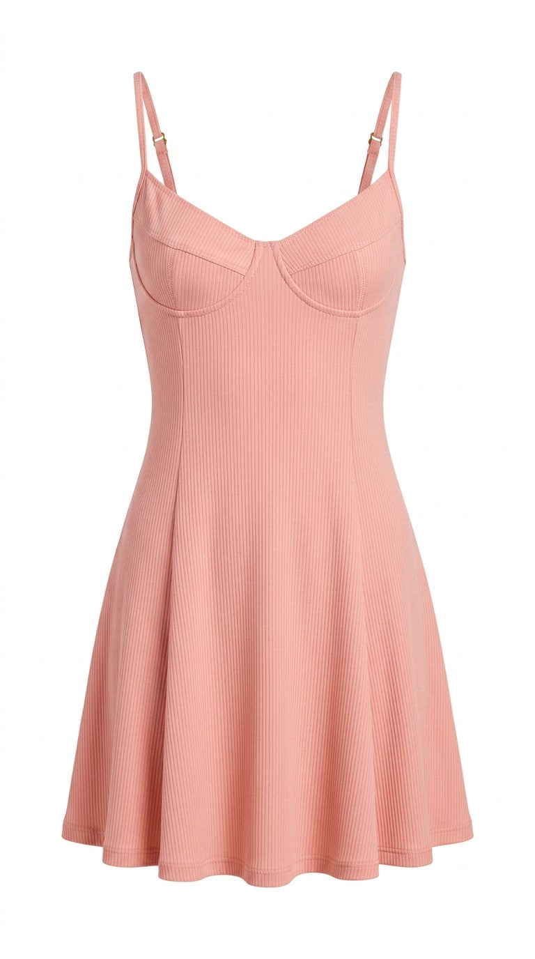 Kira ribbed pink mini dress with built-in cup and thin adjustable straps, front flat lay on white background