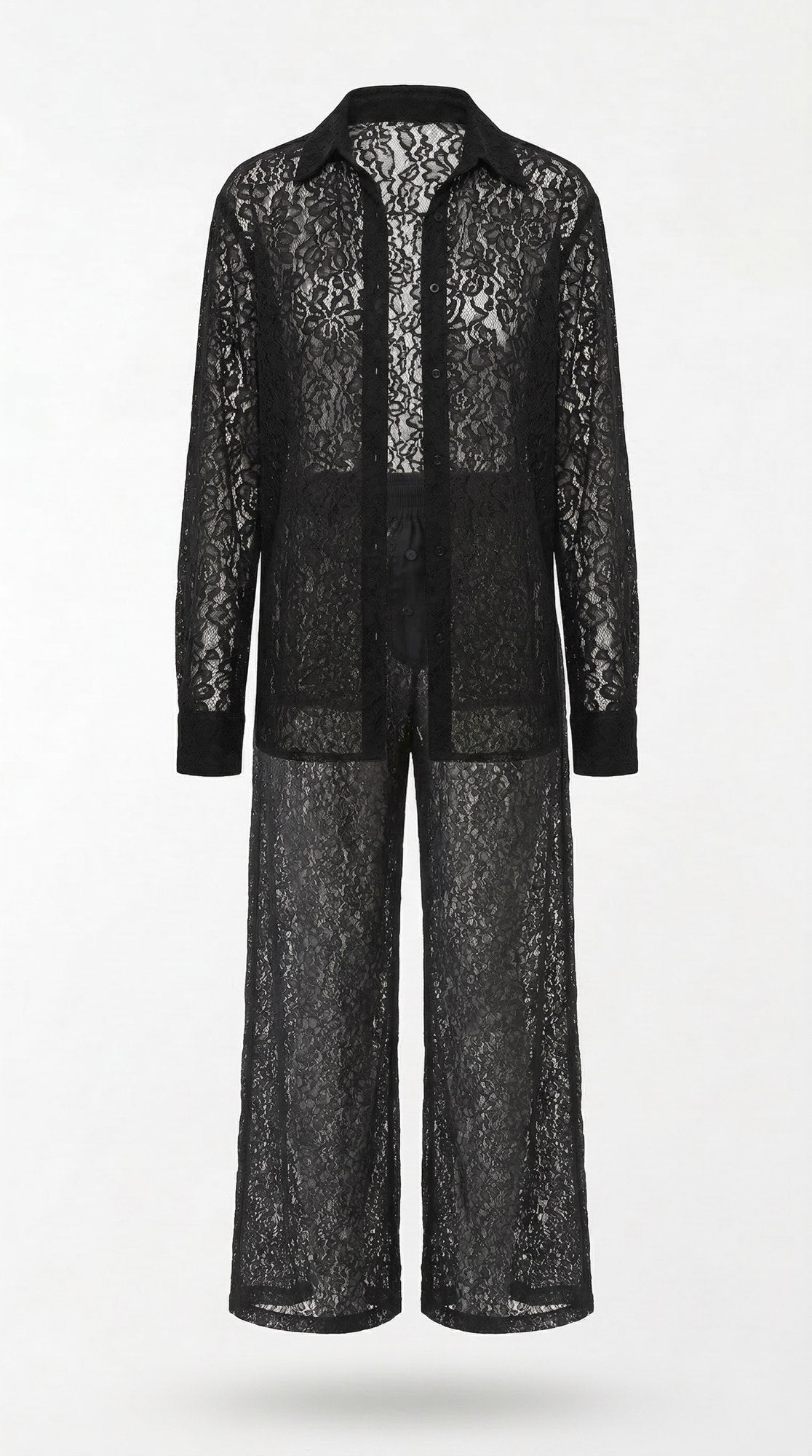 Lace Set black lace shirt and wide-leg trousers, front view on white background