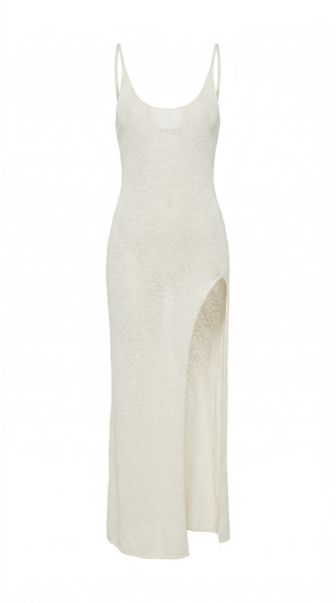 Lily dress in sand, maxi with high slit, front view on white background