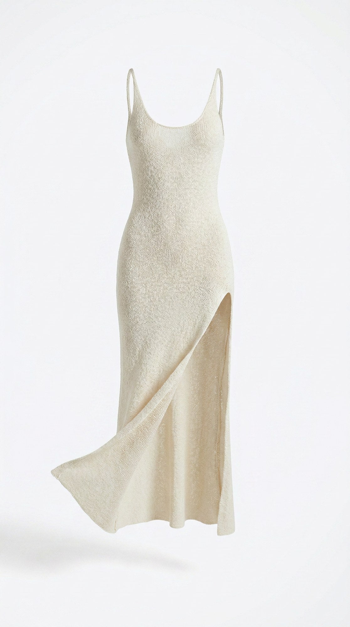Lily maxi dress with the slit swinging open, front view