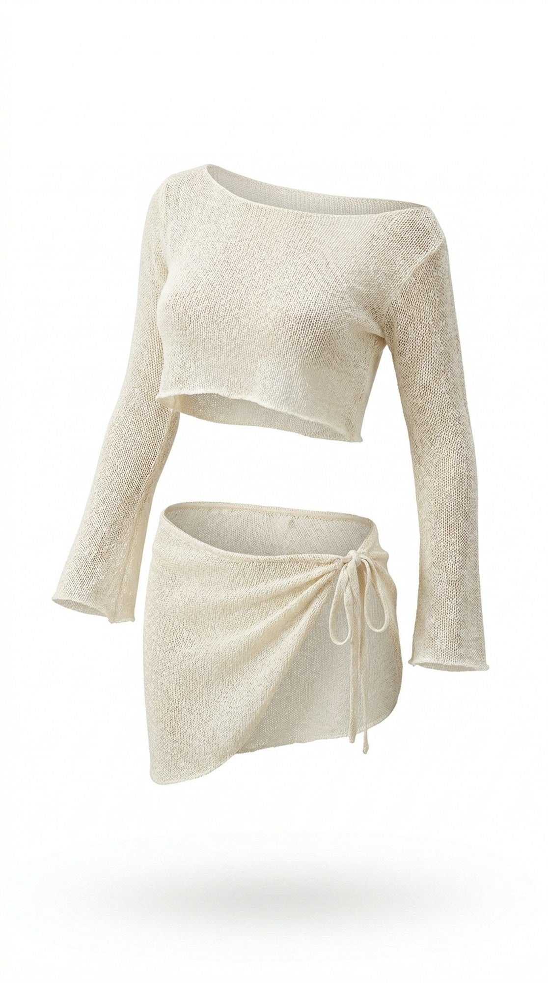 Lily Top cream long-sleeve crop top with wrap skirt, front view on white background