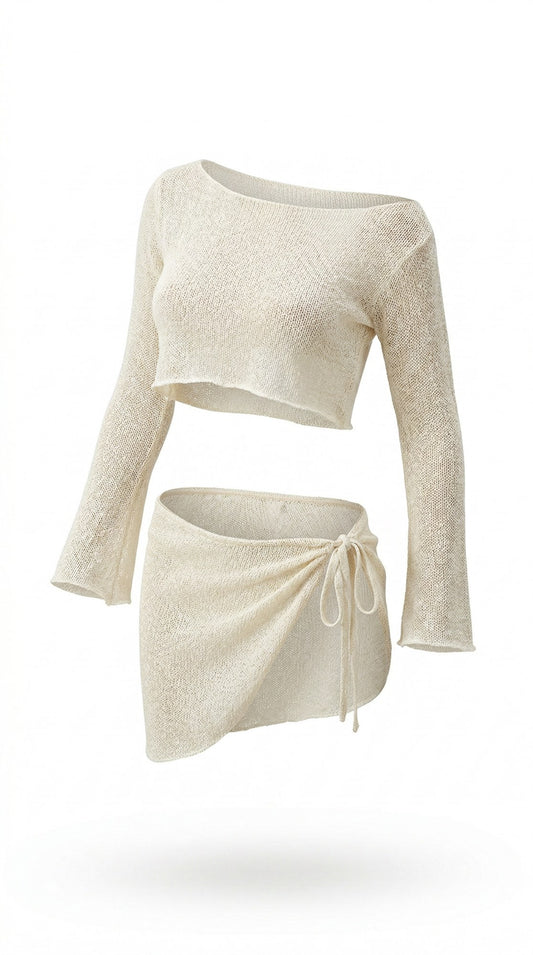 Lily Top cream long-sleeve crop top with wrap skirt, front view on white background