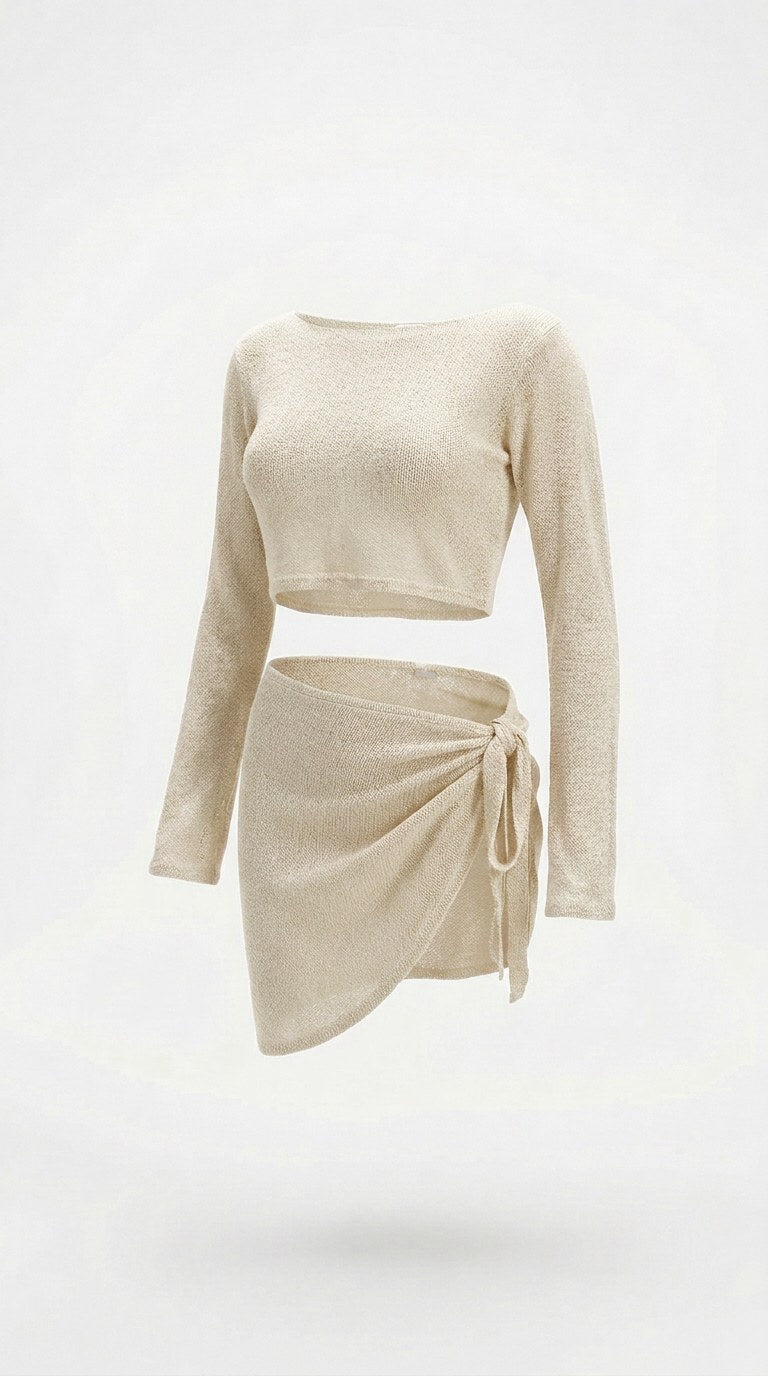 Lily Top and wrap mini skirt set, front view on a light background