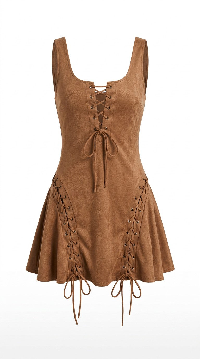 Camel suede-look lace-up mini dress, front, on white background