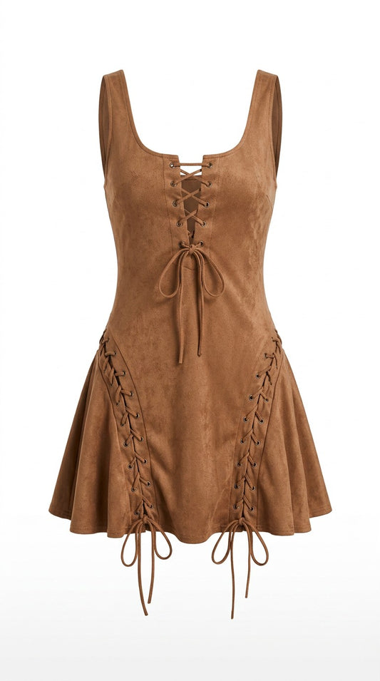 Camel suede-look lace-up mini dress, front, on white background