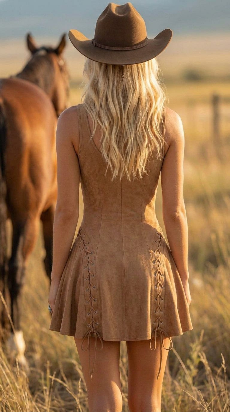 Pocahontas Dress, back view with side lacing and flared skirt