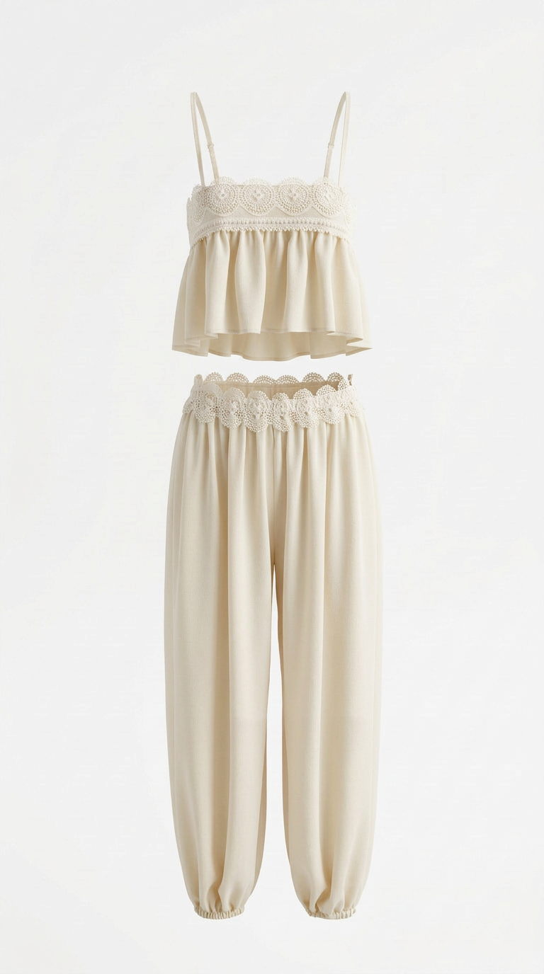 Cream ruffle crop top with scalloped lace trim and wide-leg pants, flat lay