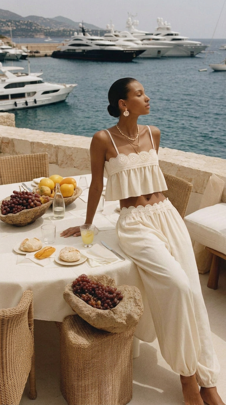 Sierra Set in cream on a terrace at golden hour