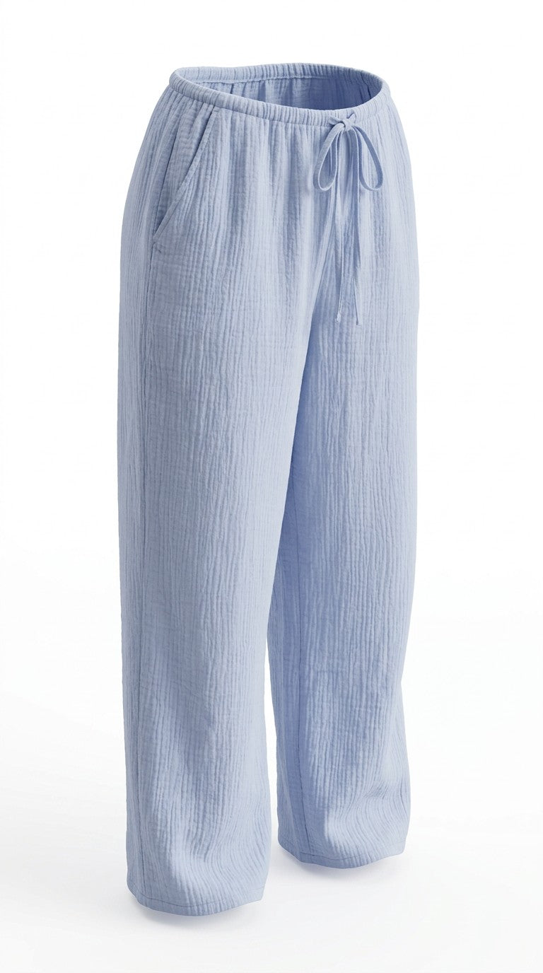 Light blue crinkle wide-leg drawstring pants, front three-quarter view on white background