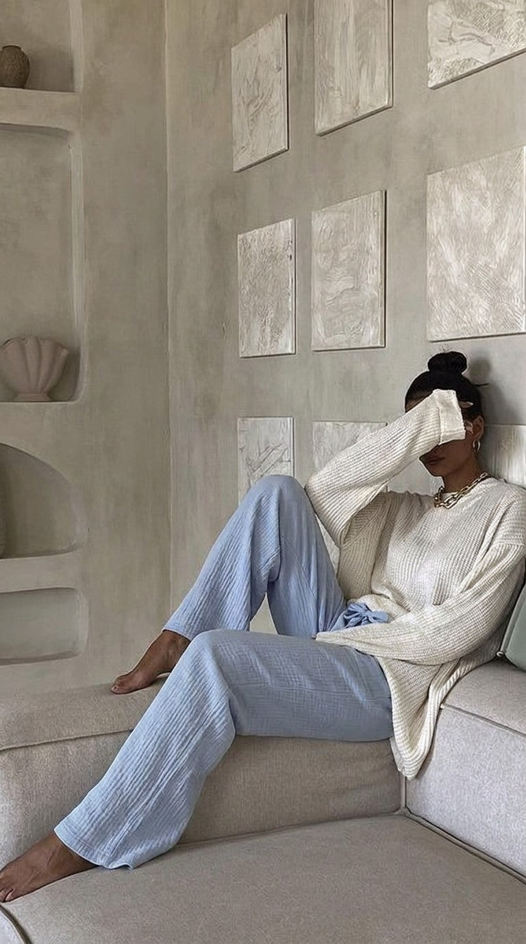 Sleepy Pants in light blue, relaxing in an armchair
