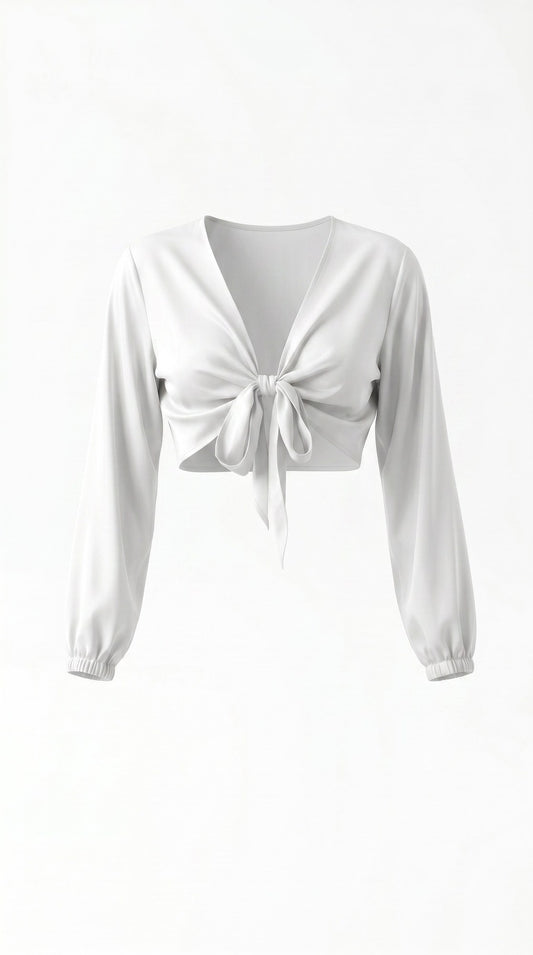 Summer Top white tie-front long-sleeve crop top, front view on white background