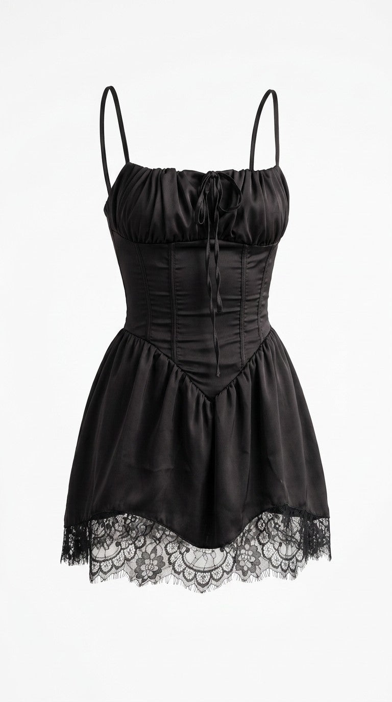 Black satin corset mini dress with lace hem, front, on white background