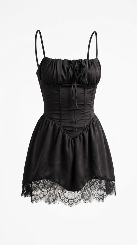 Black satin corset mini dress with lace hem, front, on white background