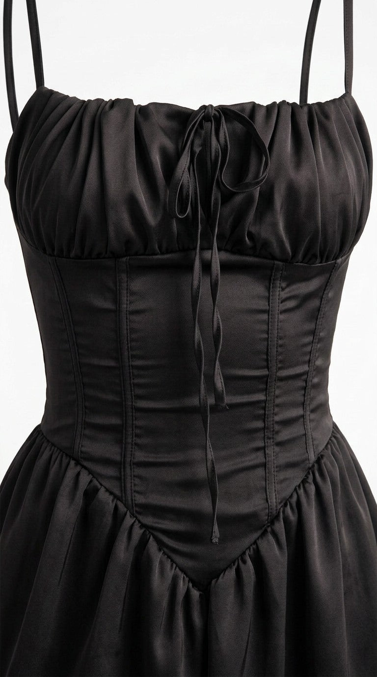 Close-up of the ruched bodice, tie bow and thin straps of the black dress