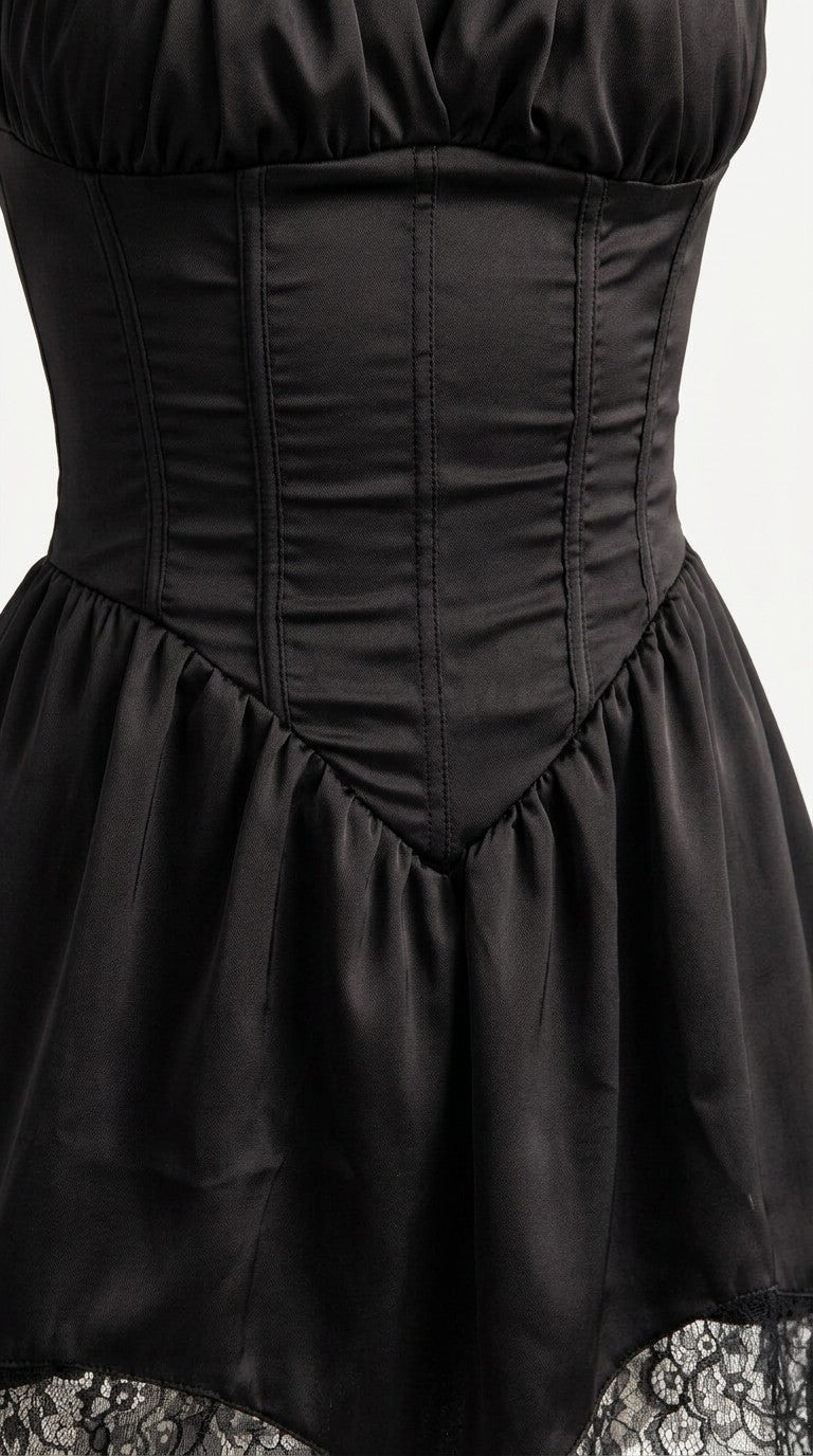 Close-up of the corset waist, gathered skirt and lace edge