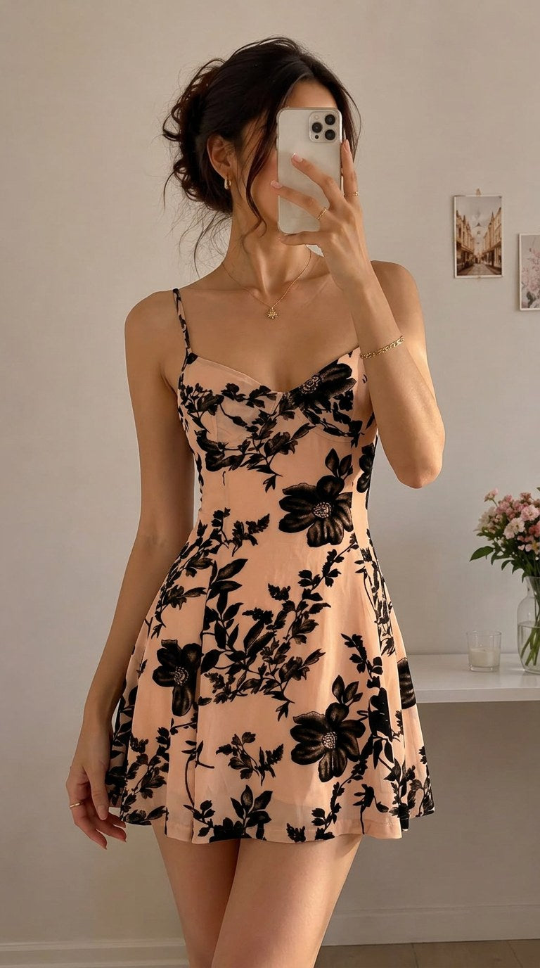 Kira Mesh beige floral mini dress, front view, mirror selfie