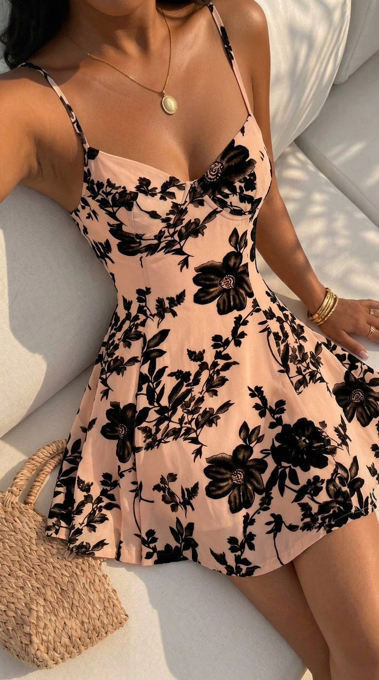 Kira Mesh beige floral mini dress, close-up of the black flower print and V neckline